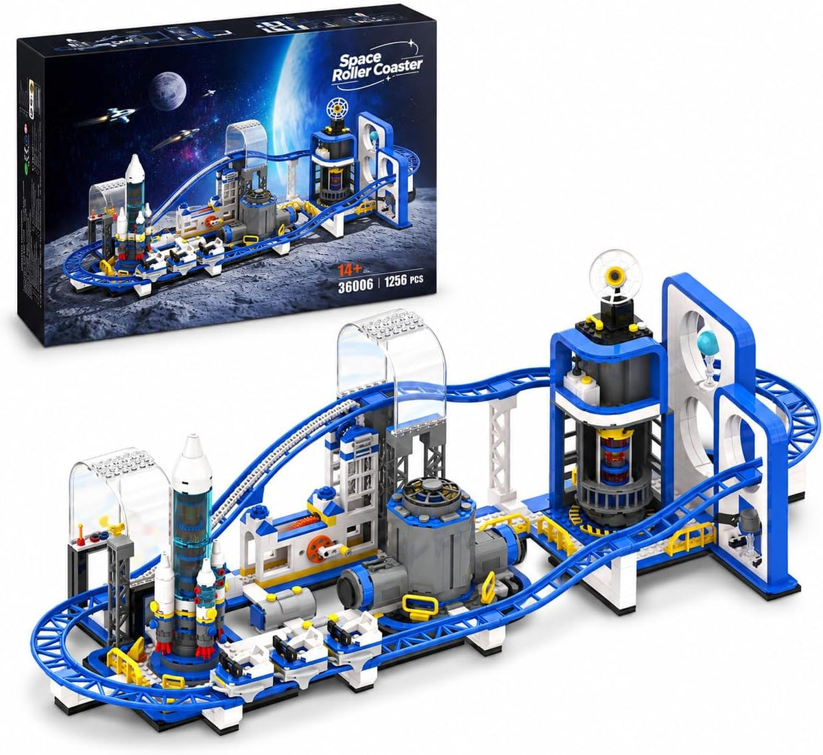Brick space roller coaster with shuttles on the track and hand crank