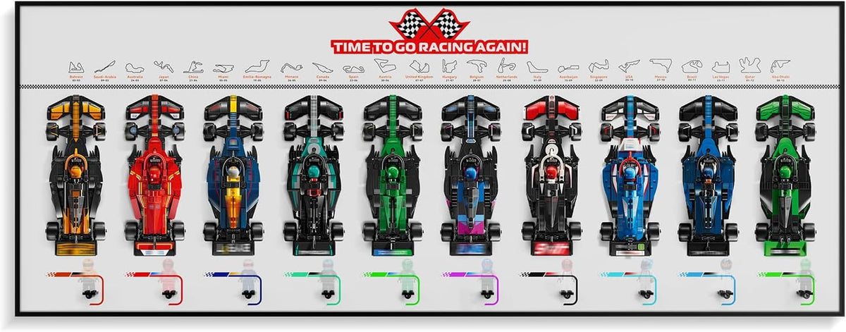 Black wall board displaying ten small brick race cars in two rows – view 2