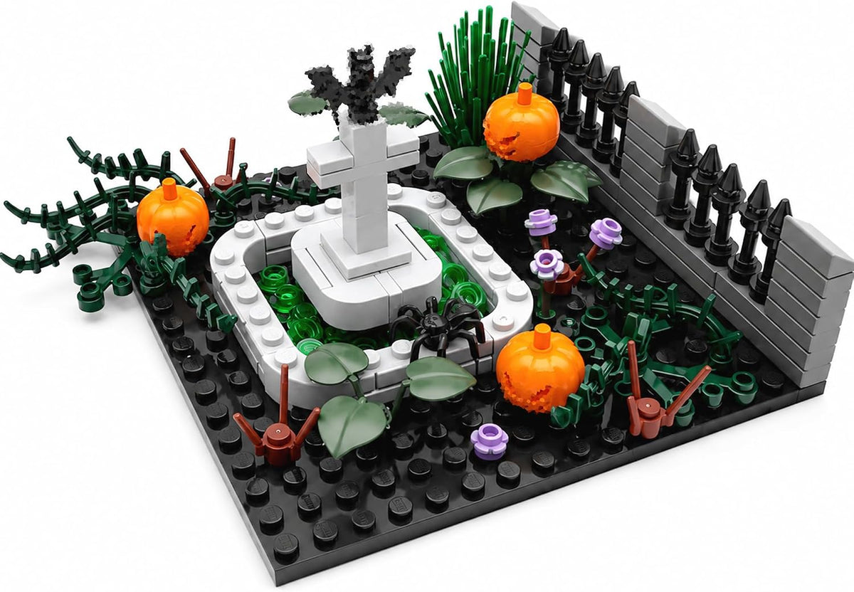 Brick-built Halloween graveyard with gates, tombstones, ghosts and pumpkins – view 7