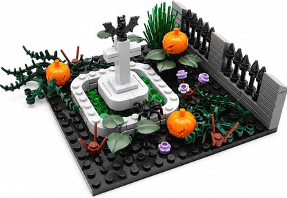 Brick-built Halloween graveyard with gates, tombstones, ghosts and pumpkins – view 7