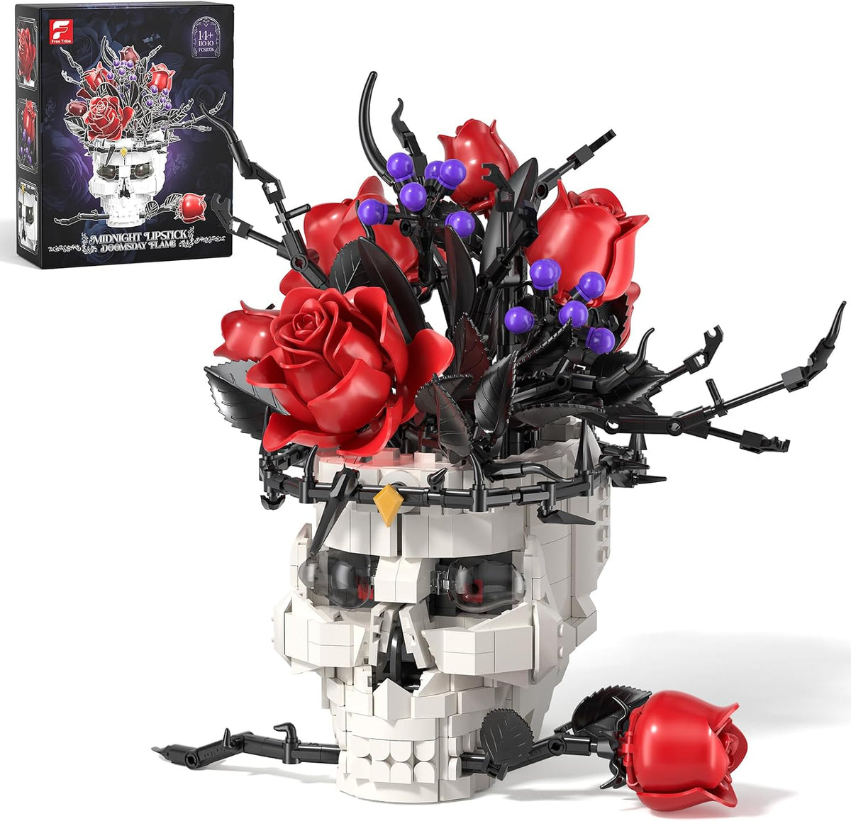 Brick-built white skull surrounded by red roses on a shelf