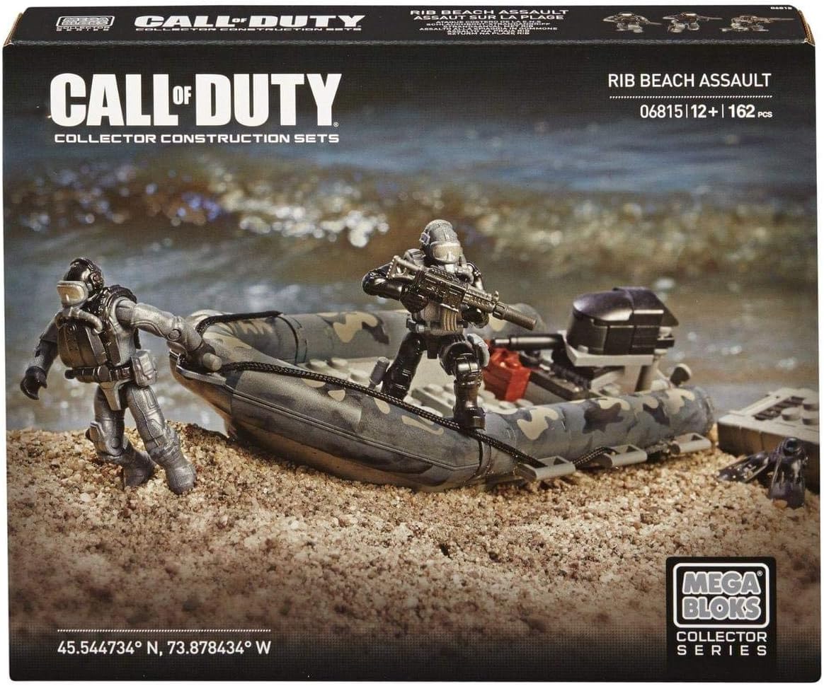 Black brick combat raiding boat with outboard motor and two soldier figures
