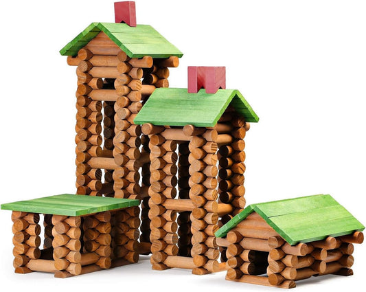 Wooden log cabin built from notched birch logs with green roof and chimney