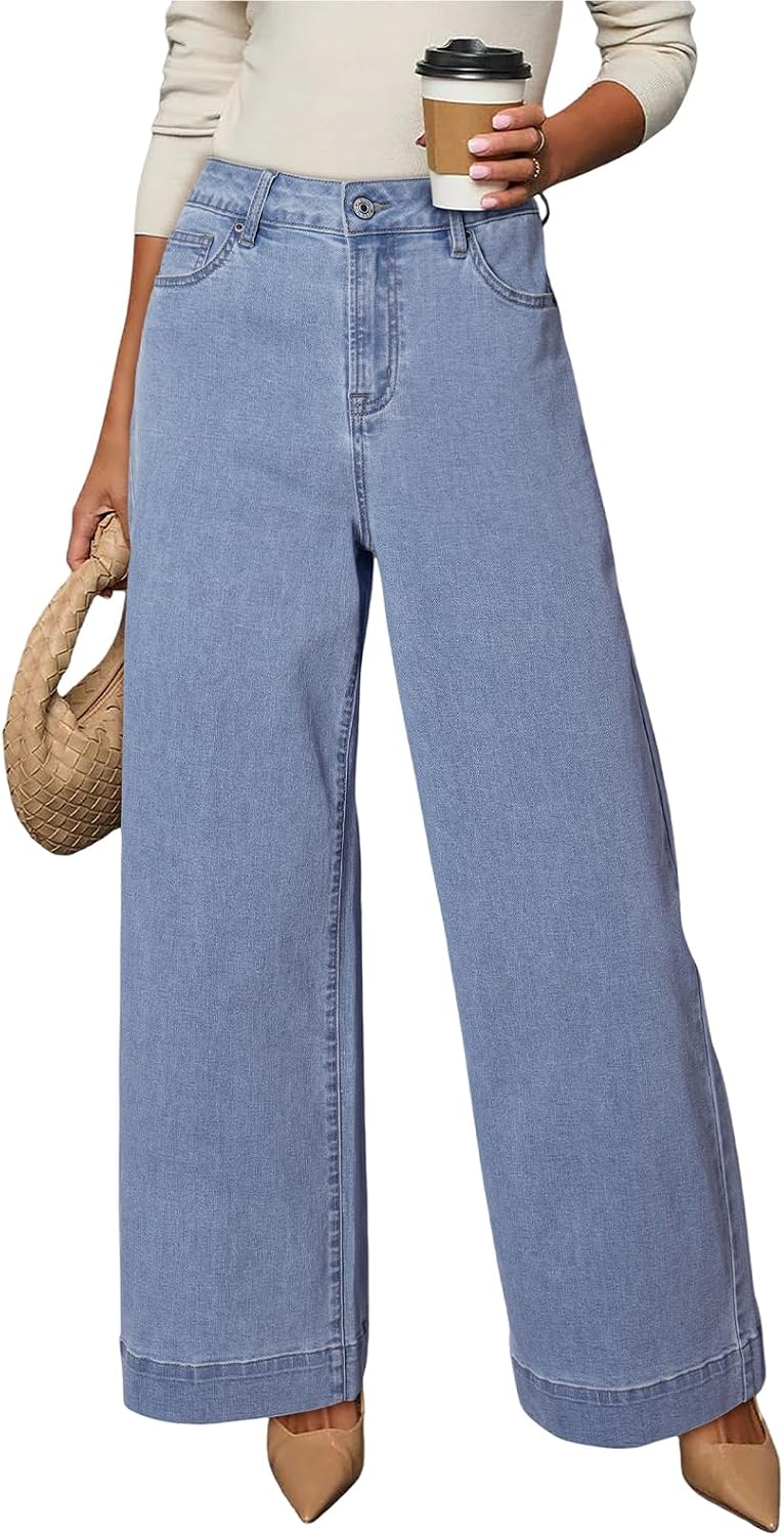 Women's High Waisted Wide Leg Jeans - Loose Stretch Denim with a Straight Leg for Everyday Casual Wear - 4