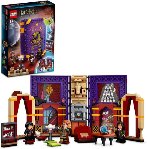 Open brick-built book revealing a wizard divination classroom scene
