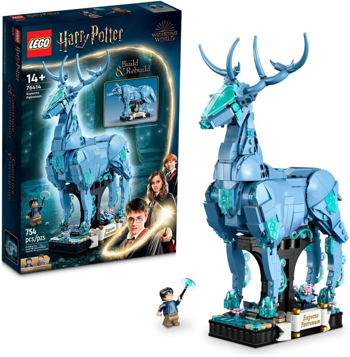 Translucent light-blue brick-built stag spirit with two wizard figures
