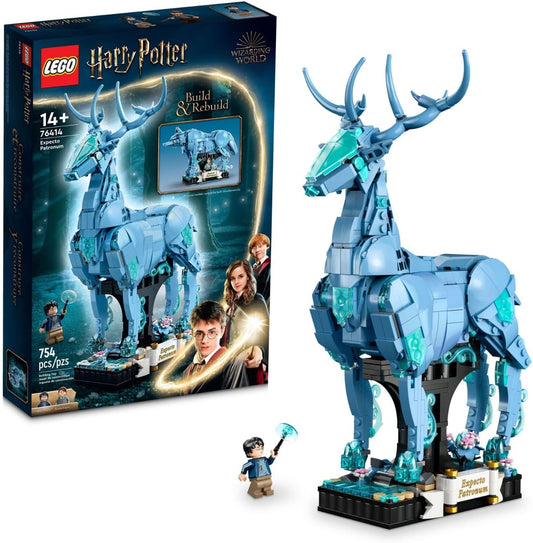 Translucent light-blue brick-built stag spirit with two wizard figures