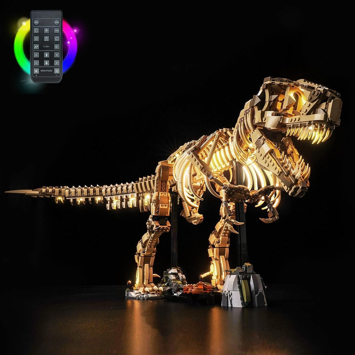 Brick-built T. rex fossil skeleton lit by LED lights on its display base