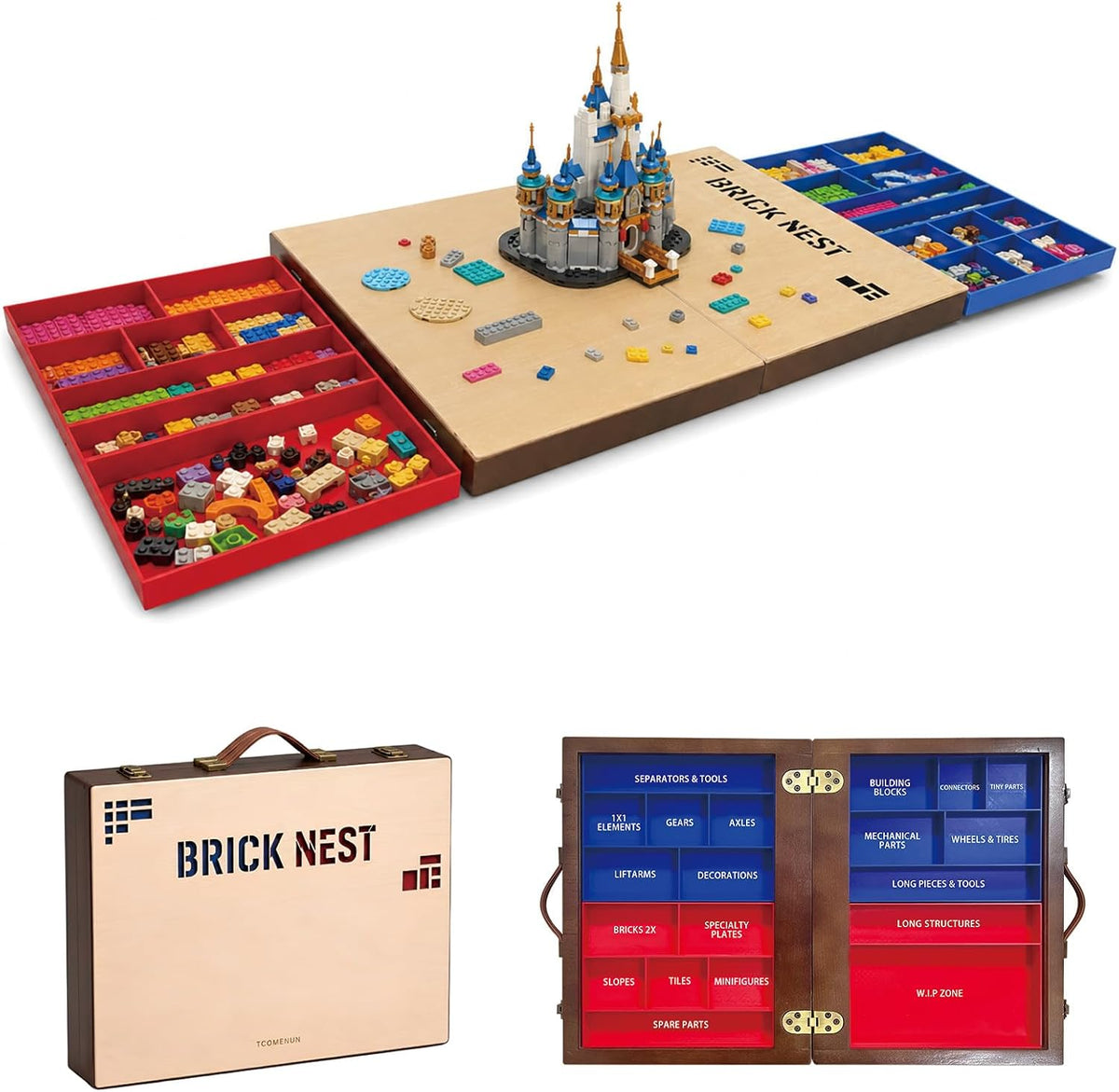 Natural and brown wooden storage tray with sorting compartments full of bricks