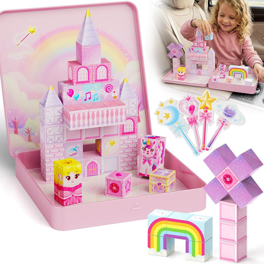 Magnetic unicorn castle blocks on an open tin box stage with farm animals