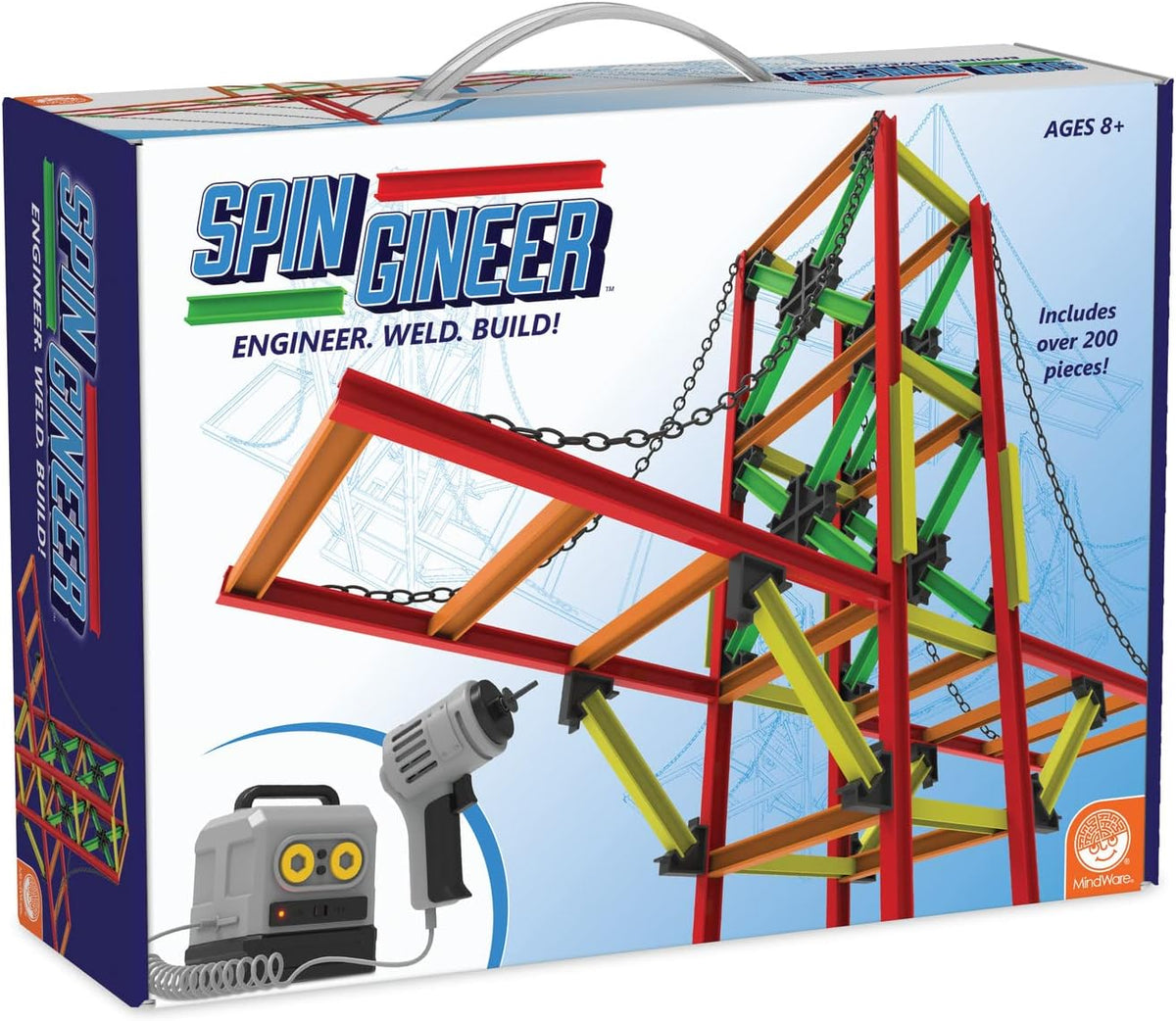 Engineering activity kit pieces assembled into spinning designs