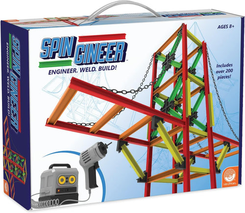 Engineering activity kit pieces assembled into spinning designs