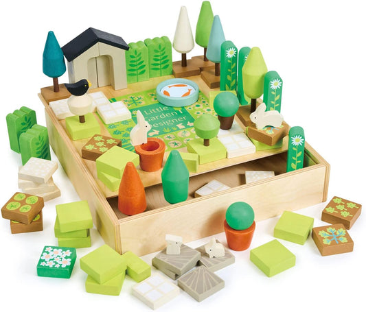 Wooden garden play set with painted flowers, fence pieces and garden figures