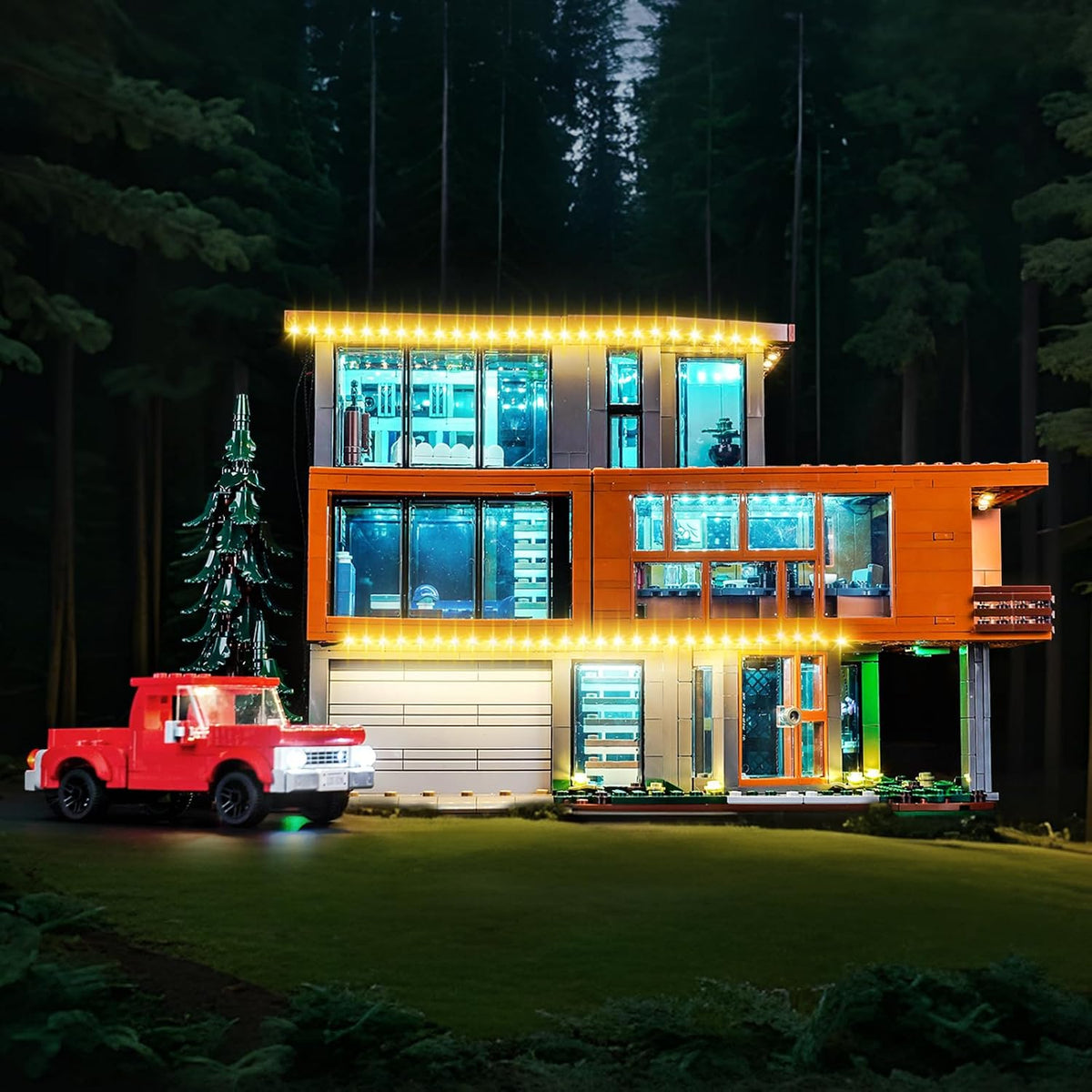 Modern glass forest house brick model lit with LED lighting – view 2