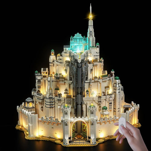 Tiered white fantasy citadel brick model lit with LED lights