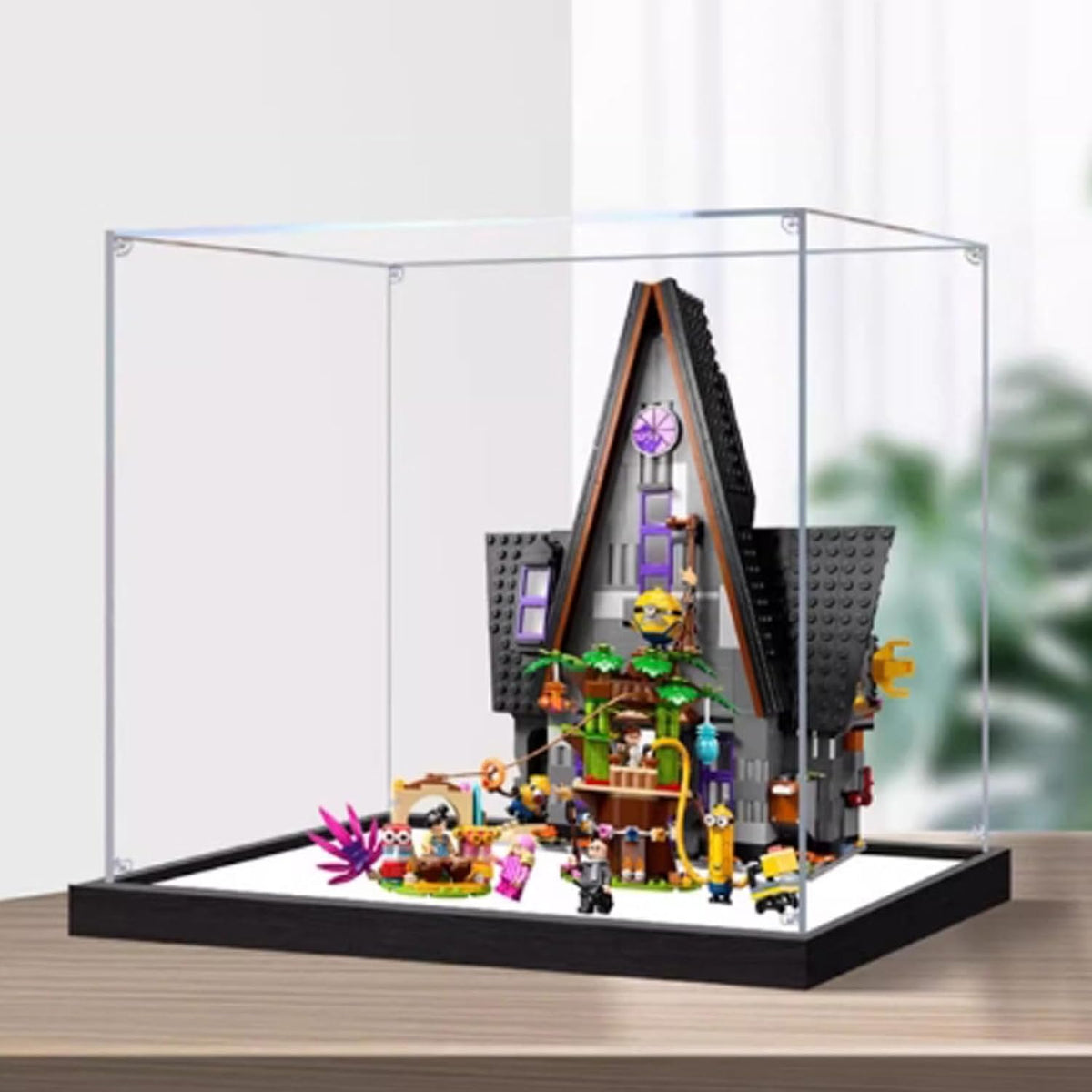 Cube acrylic display case around a luxury home brick model – view 2