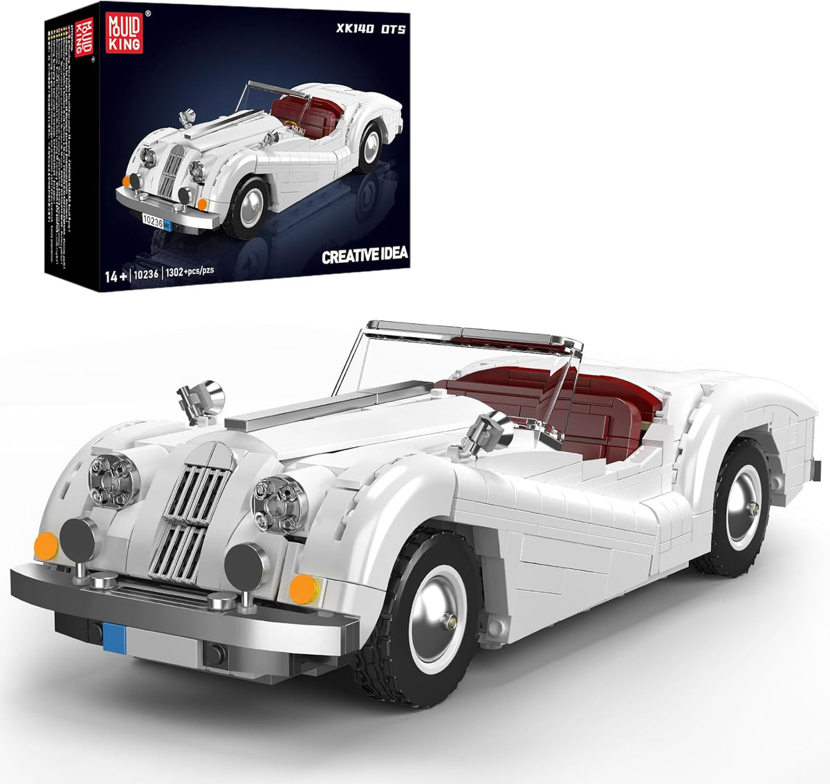Built convertible classic sports car brick model with red interior and open trunk