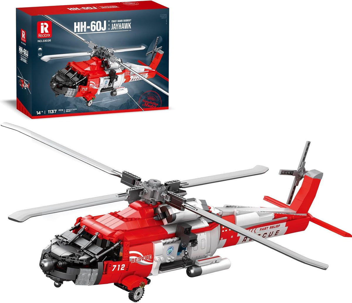 Built rescue helicopter brick model with rotor blades extended