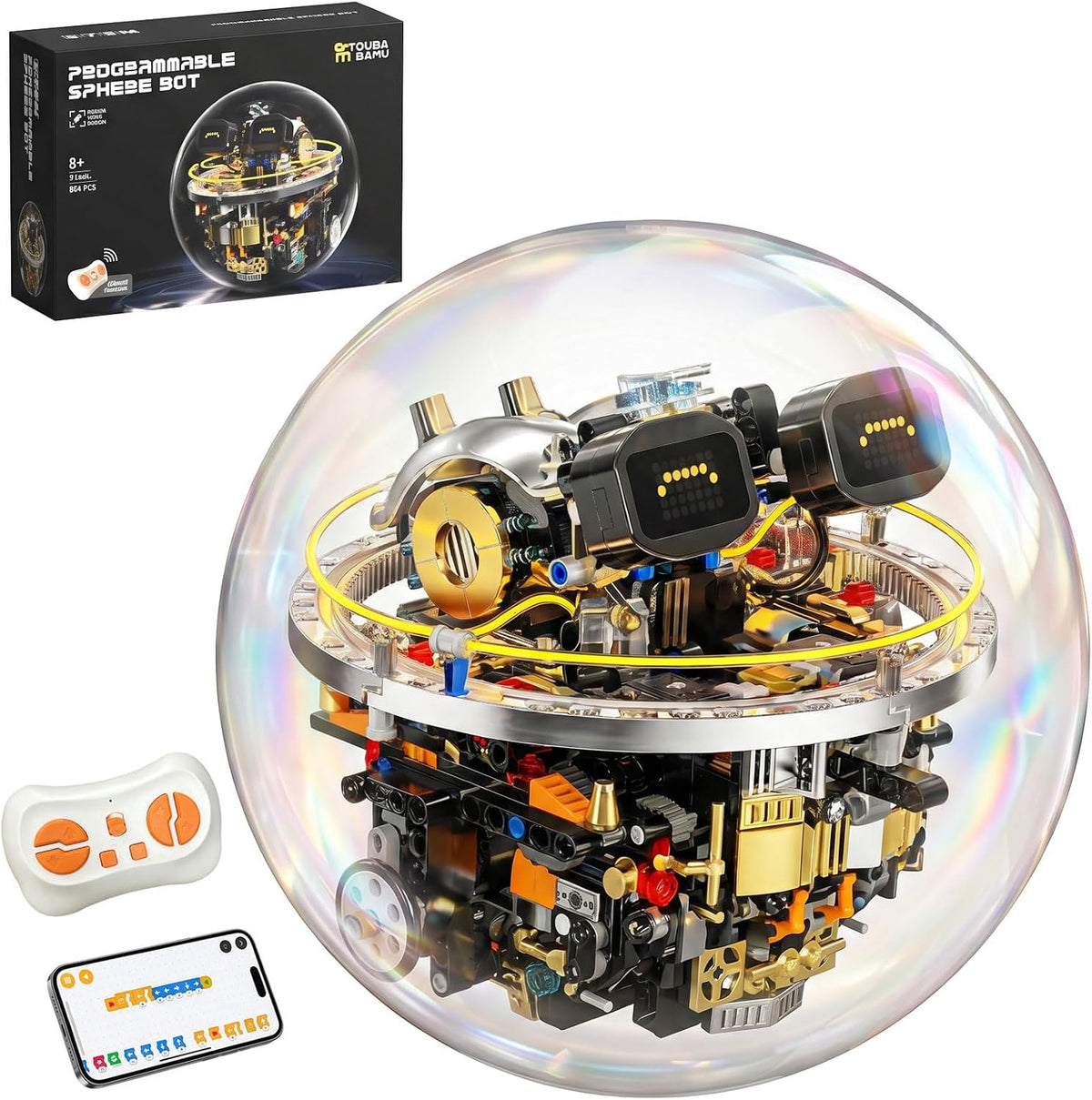 Brick-built spherical robot ball with glowing LED face