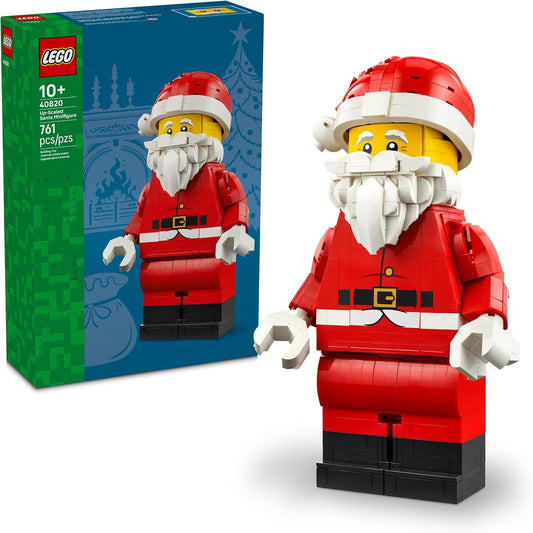 Large brick-built Santa Claus figure in red suit sitting on a shelf