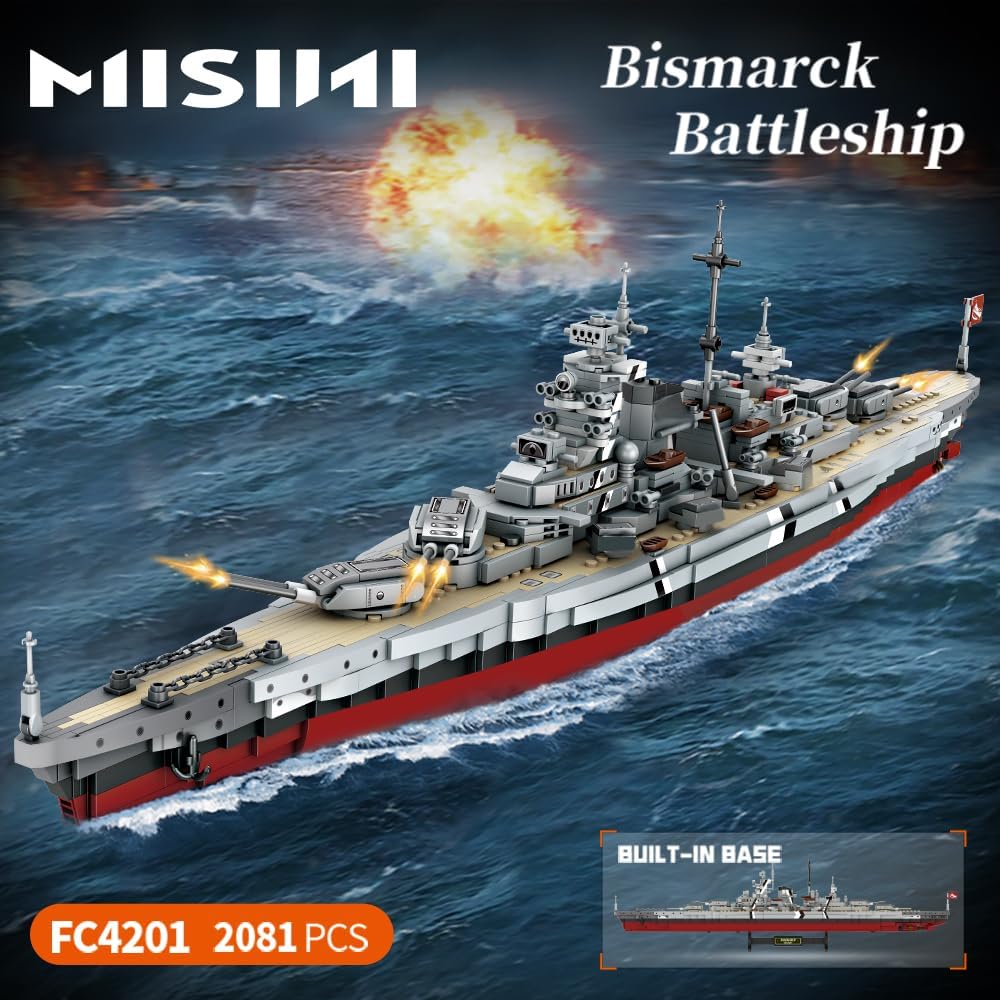 Long gray brick-built WWII battleship model with gun turrets