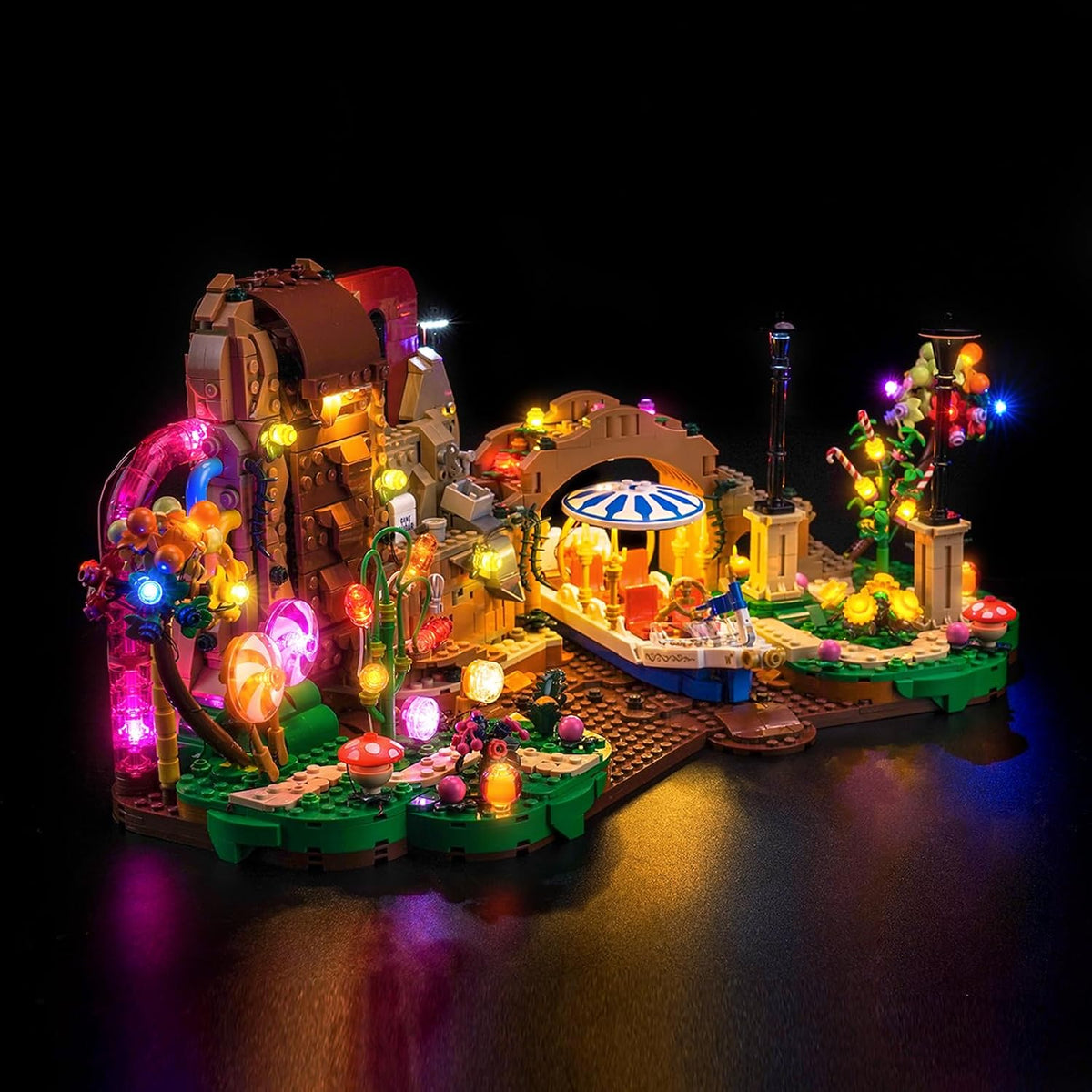 Colorful chocolate factory brick model with glowing candy rooms and river