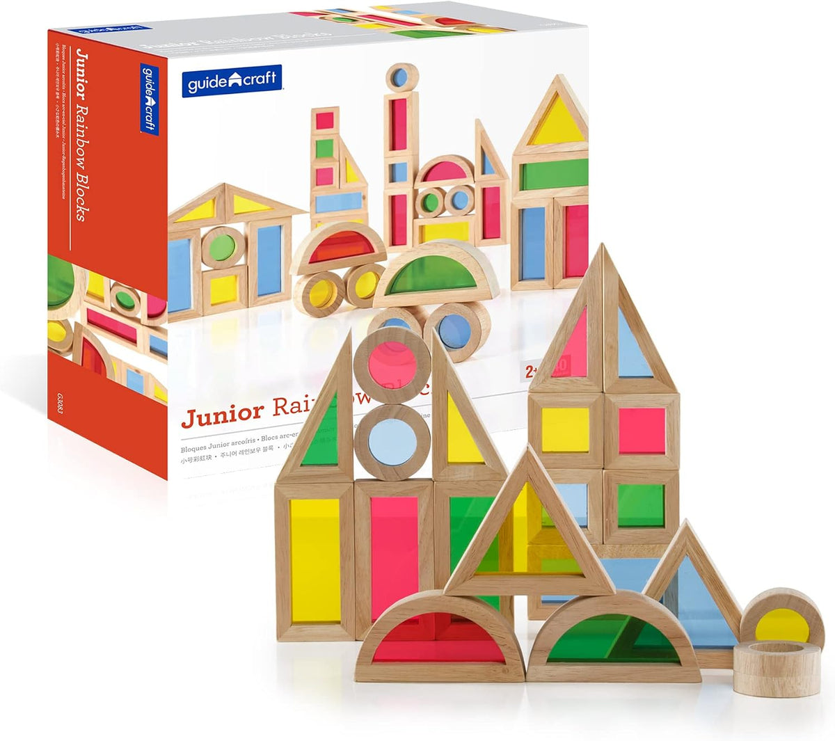 Colorful rainbow stacking blocks arranged in a tower