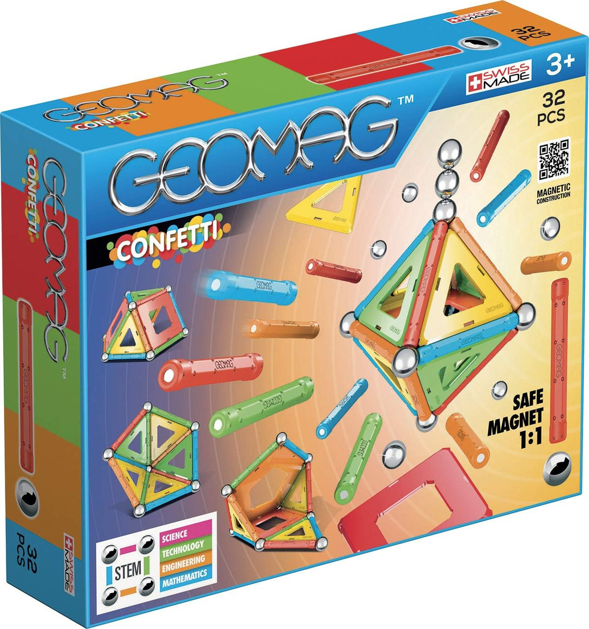 Colorful magnetic sticks and silver balls built into a 3D frame – view 2