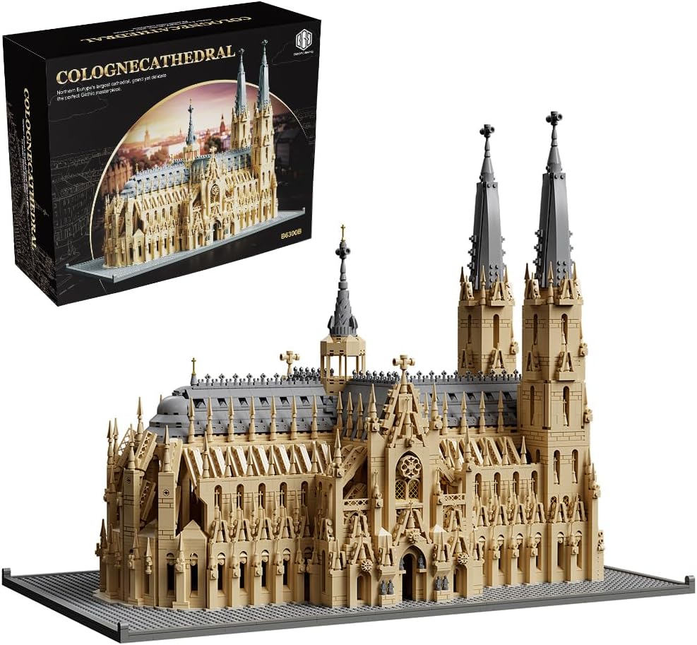 Large twin-spired Gothic cathedral brick model on a baseplate