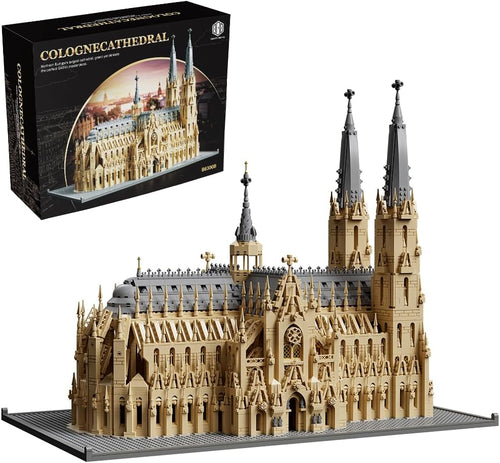 Large twin-spired Gothic cathedral brick model on a baseplate