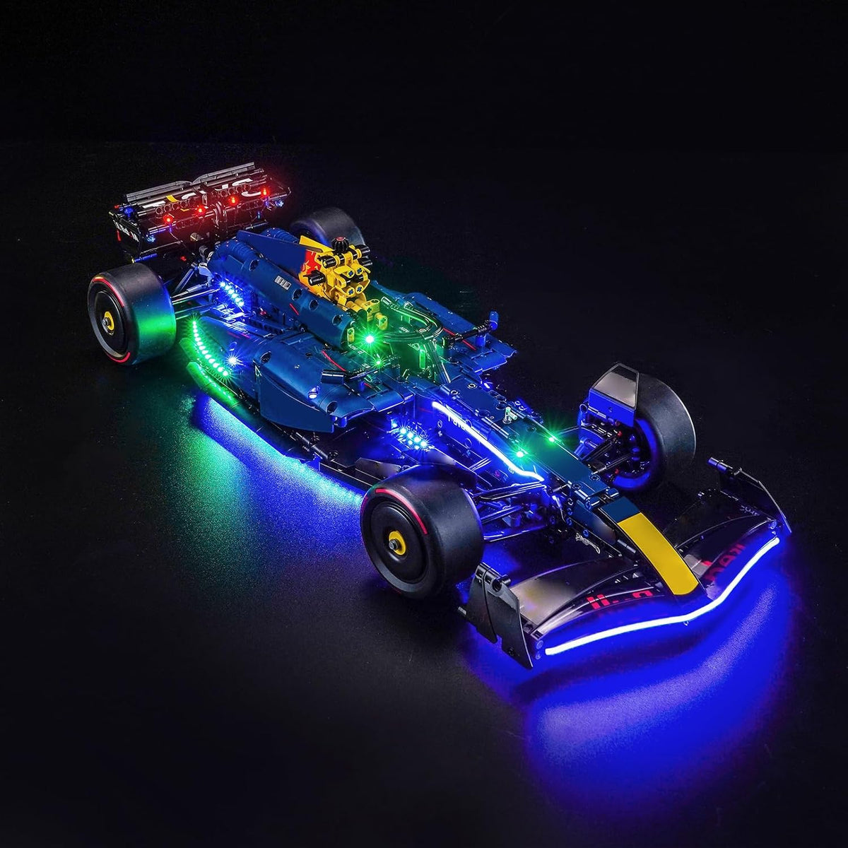 Open-wheel formula race car brick model lit with an LED light kit