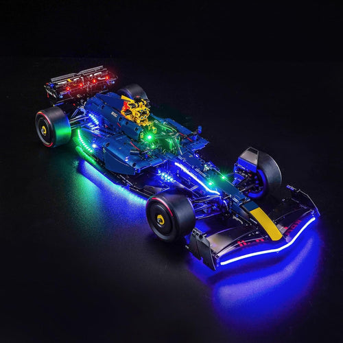 Open-wheel formula race car brick model lit with an LED light kit