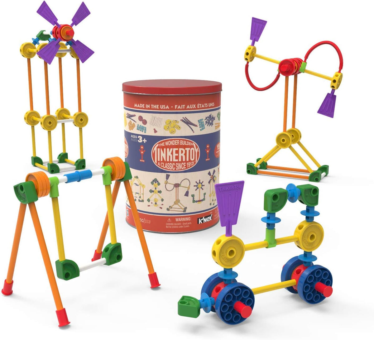Retro building tin with classic wooden construction parts and a simple model