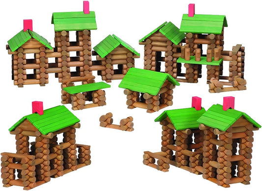 Wooden log cabin with a peaked roof built from notched natural wood logs