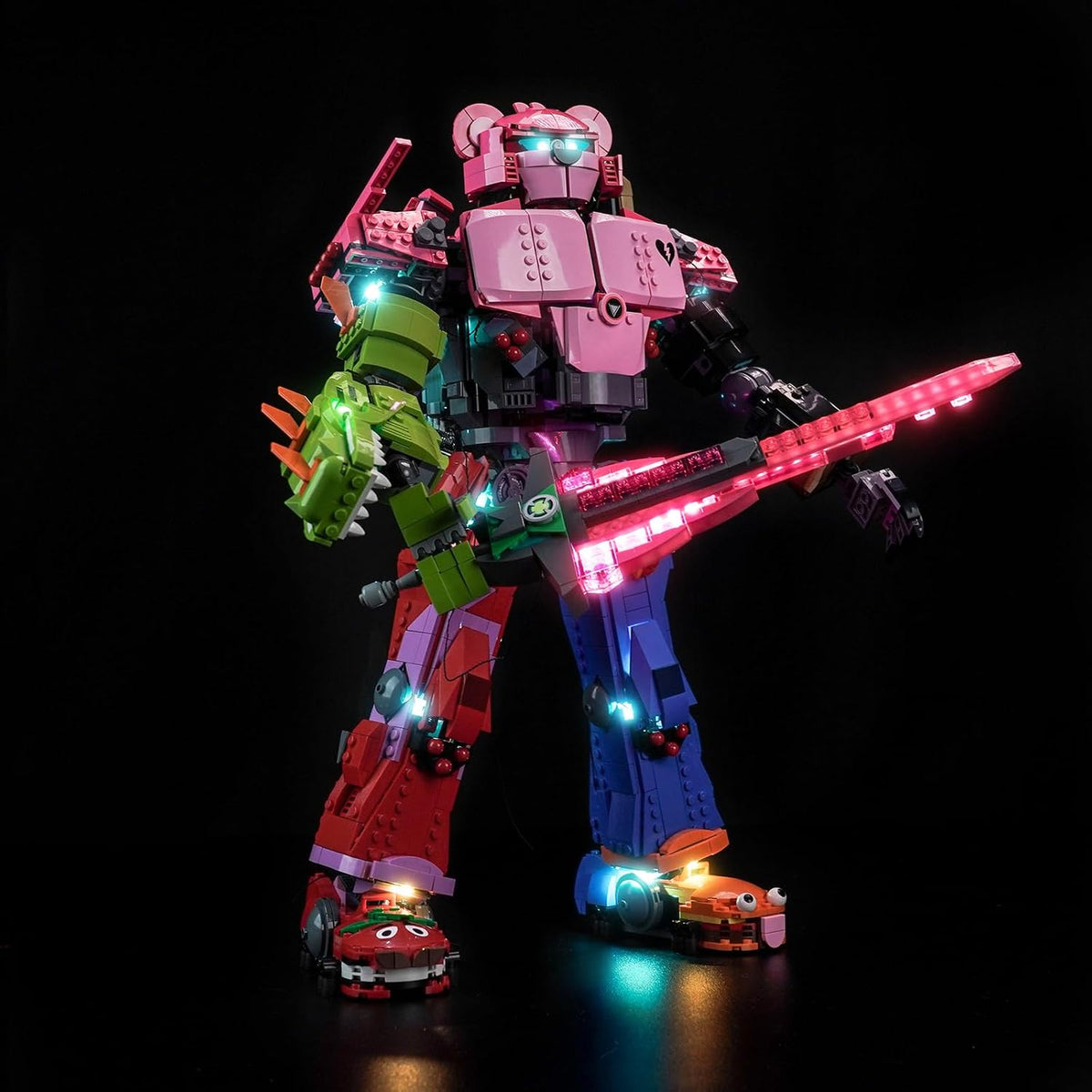 LED lights glowing inside a large mech pilot brick figure – view 2