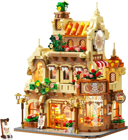 Built flower bakery coffee house brick model with warm interior lights