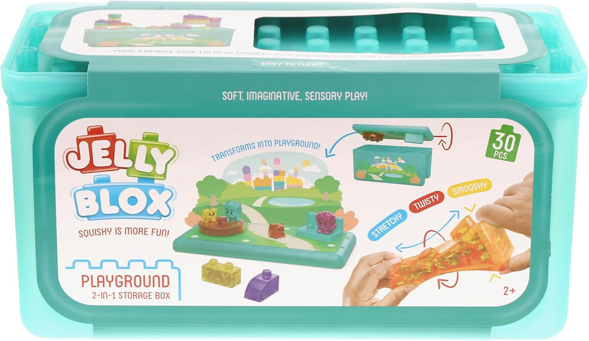 Colorful building blocks assembled into a playground scene with the storage kit
