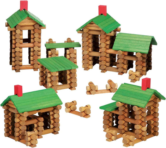 Wooden log cabin built from notched wood logs with a pitched roof