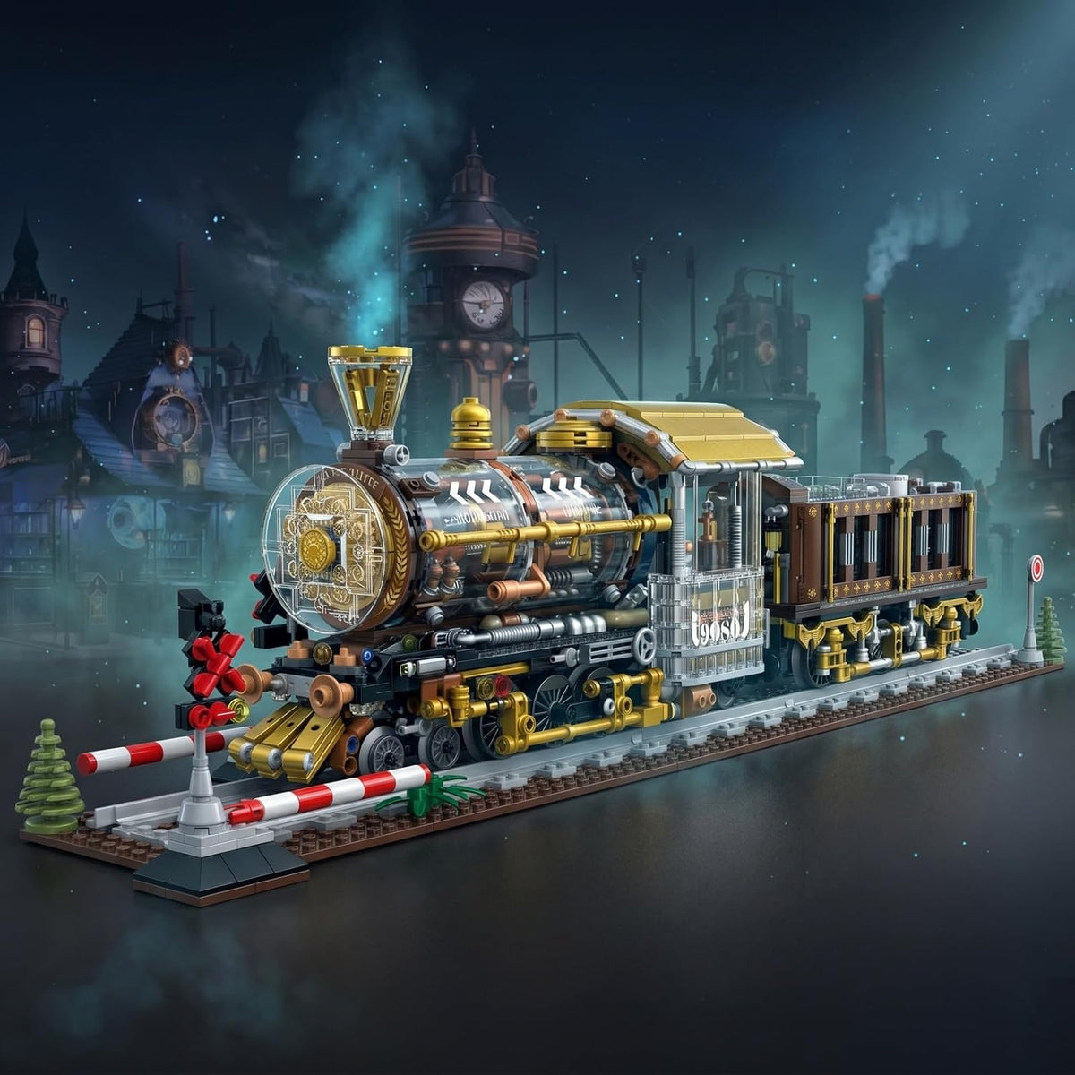 Black brick-built Western articulated steam locomotive with red details on track