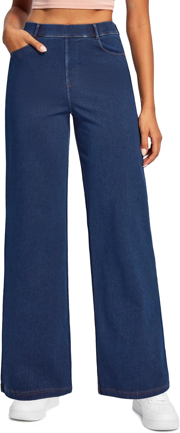 Women's Pull On Wide Leg Jeans - Elastic Waist Sweatpant Denim with Five Pockets and No Zipper - Petite