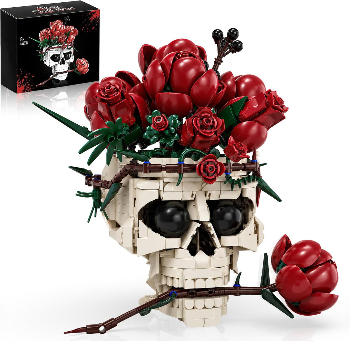 Brick-built black cat with rotatable head next to a rose bouquet in a skull vase – view 4