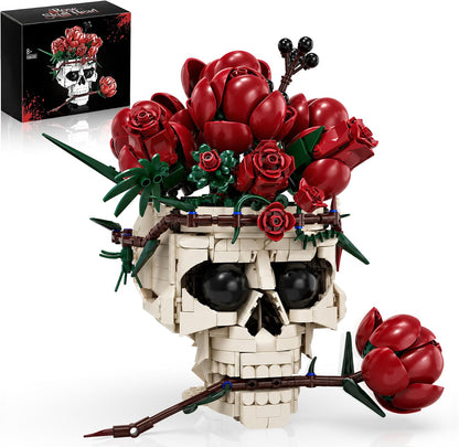 Brick-built black cat with rotatable head next to a rose bouquet in a skull vase – view 4