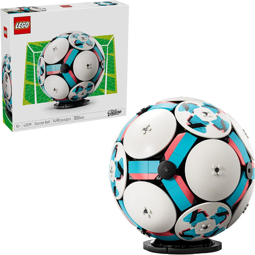 Brick-built soccer ball model on a black base with deco discs