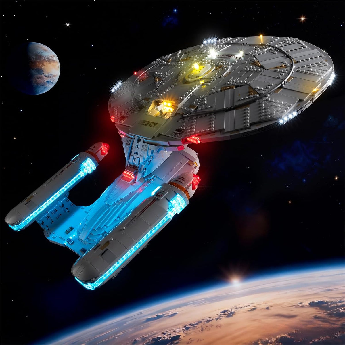 Sci-fi exploration starship brick model lit by LED lights on its saucer and engines – view 3