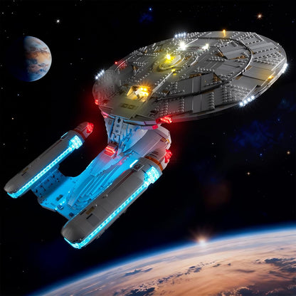 Sci-fi exploration starship brick model lit by LED lights on its saucer and engines – view 3