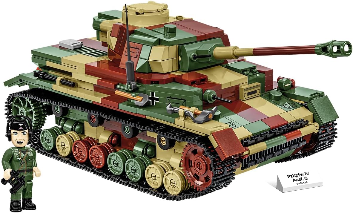 Gray brick-built WWII German medium tank with long gun barrel