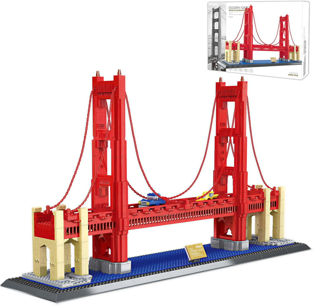 Red Golden Gate Bridge brick model with suspension towers and cables