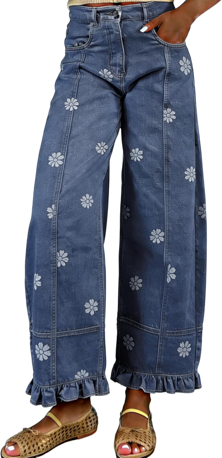 Women's Floral Print Barrel Jeans - Wide Leg Baggy Boyfriend Denim with Patchwork Panels - Small