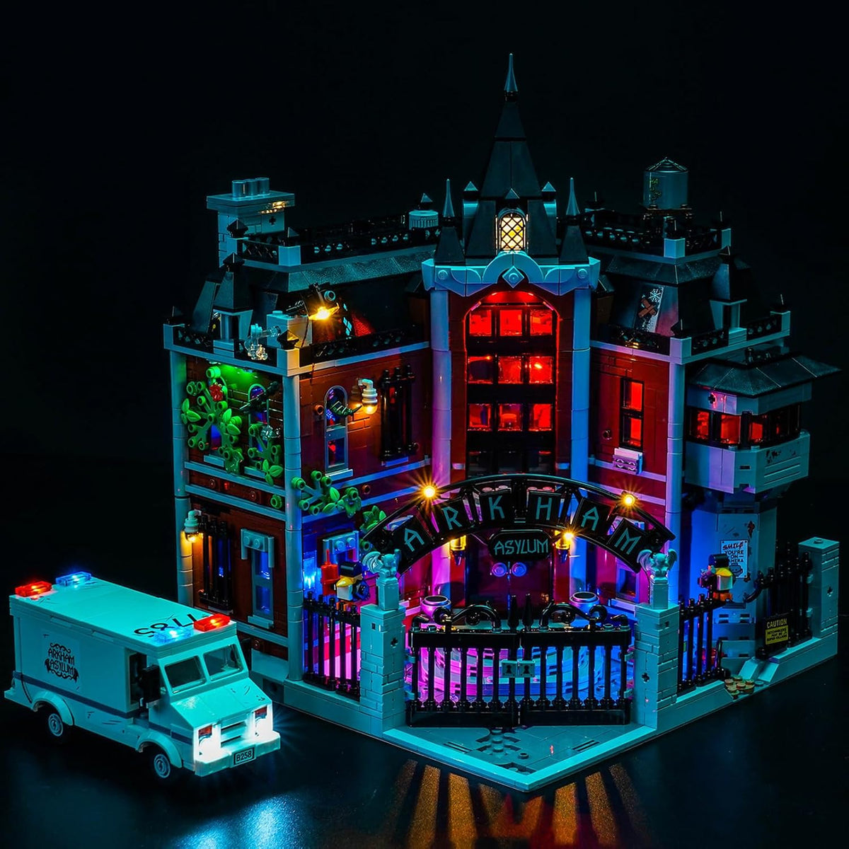 LED lights illuminating windows of a gothic asylum brick model – view 2