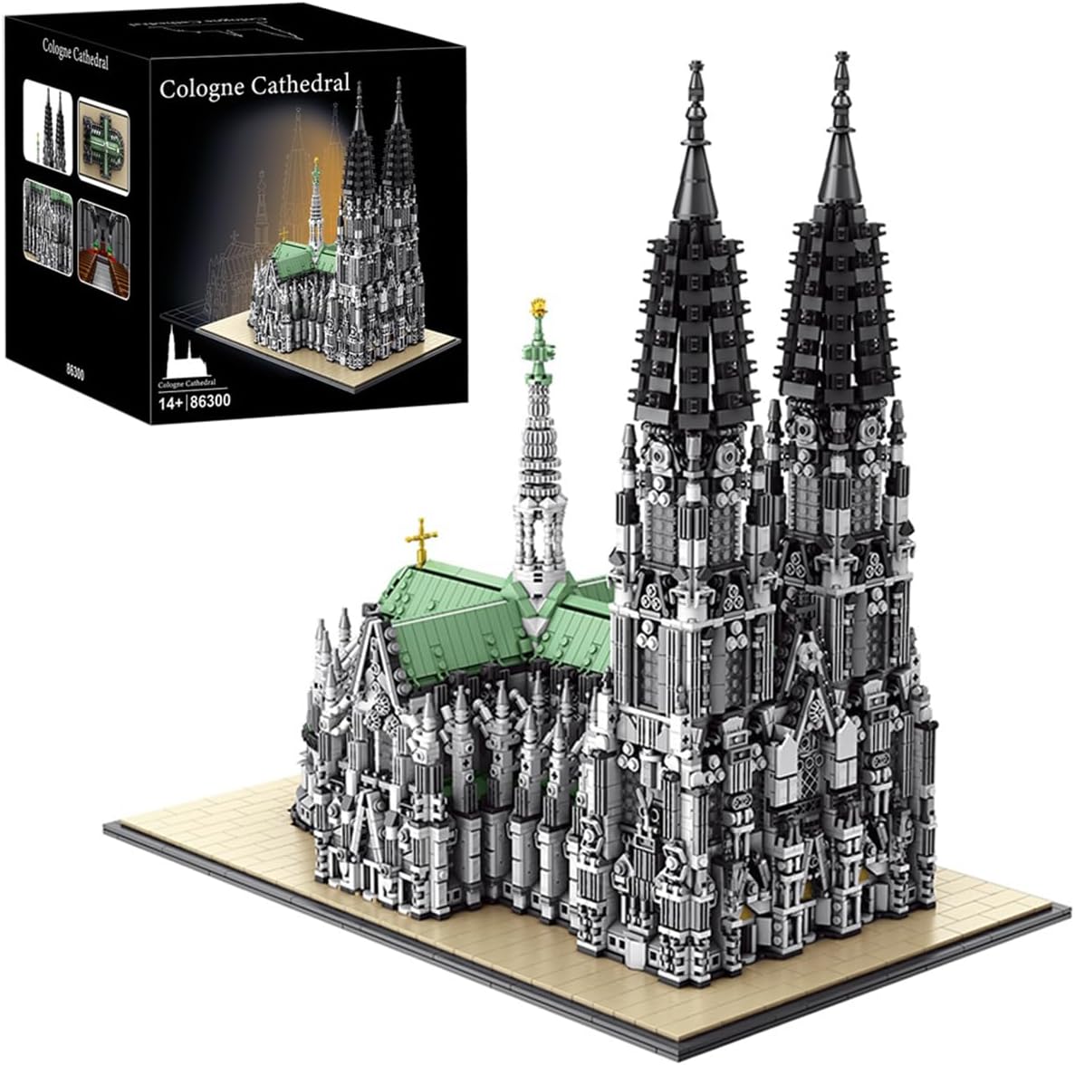 Large twin-spired Gothic cathedral brick model on a baseplate – view 3